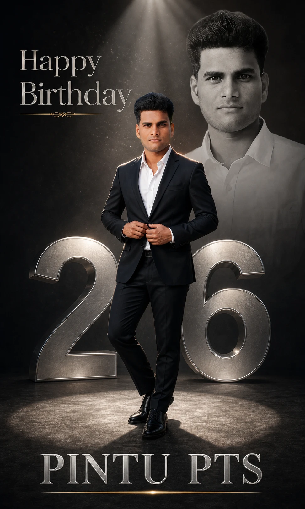 Luxury Birthday Photo Editing Prompt – Black Suit &amp; Silver Age Poster