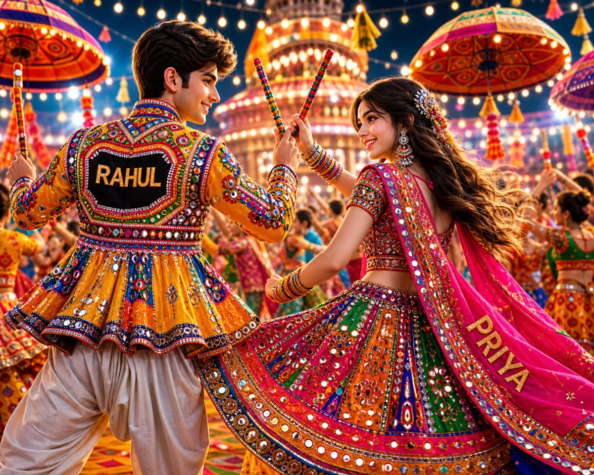 3D Garba Dandiya Night Couple Prompt with Name
