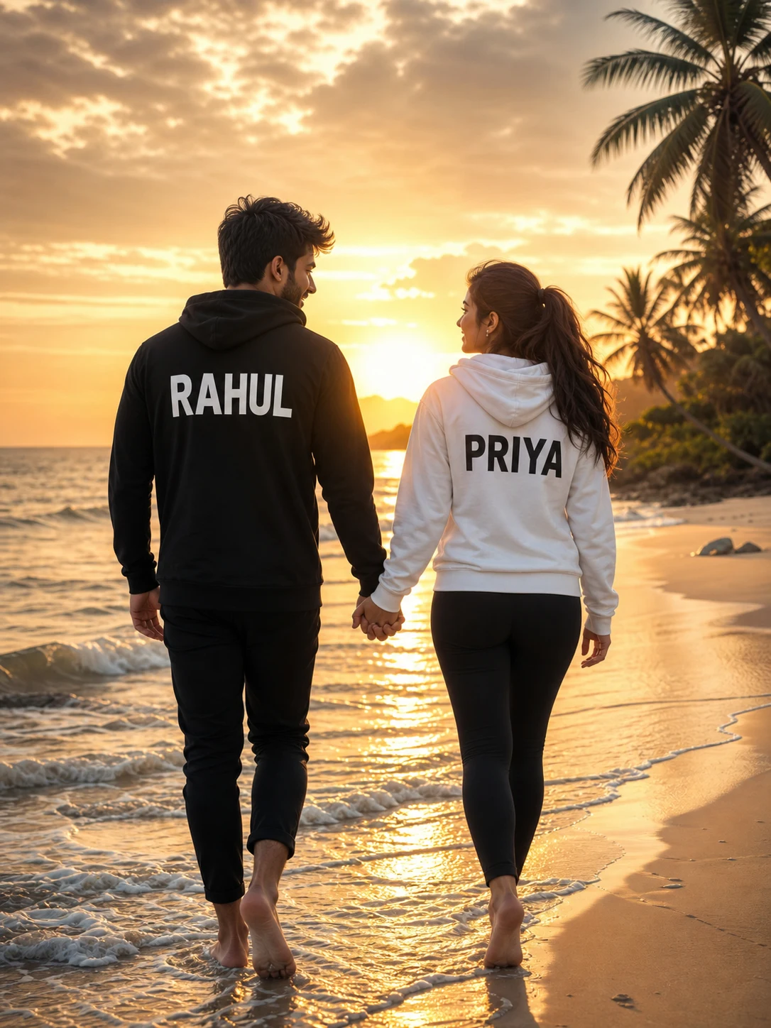 Romantic Sunset Beach Couple Hoodie Name Prompt