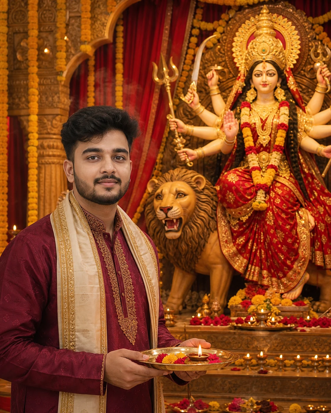 Navratri Aarti AI Photo Editing Prompt – माँ दुर्गा के साथ अपनी फोटो banaye