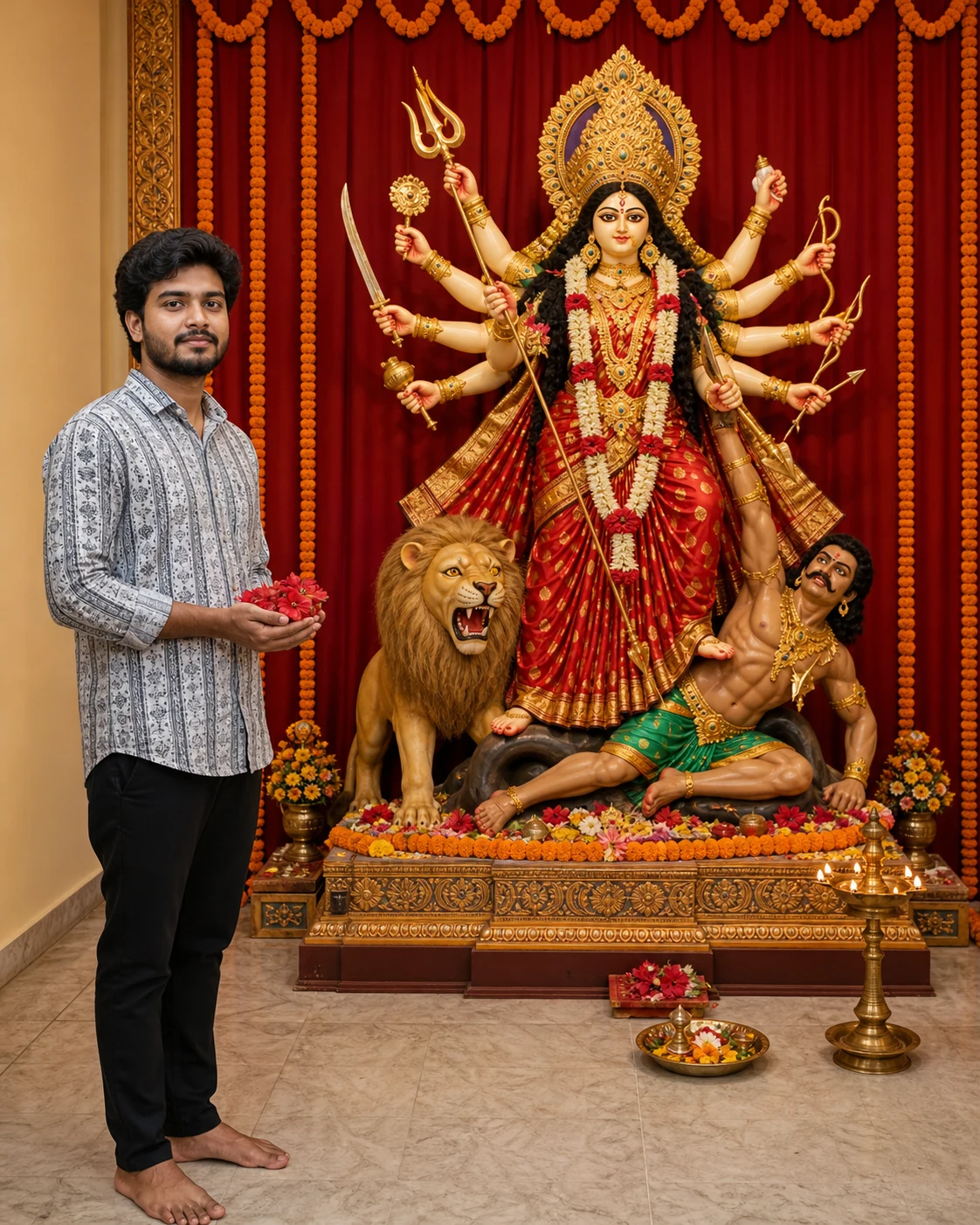 Maa Durga Flower Offering AI Photo Editing Prompt