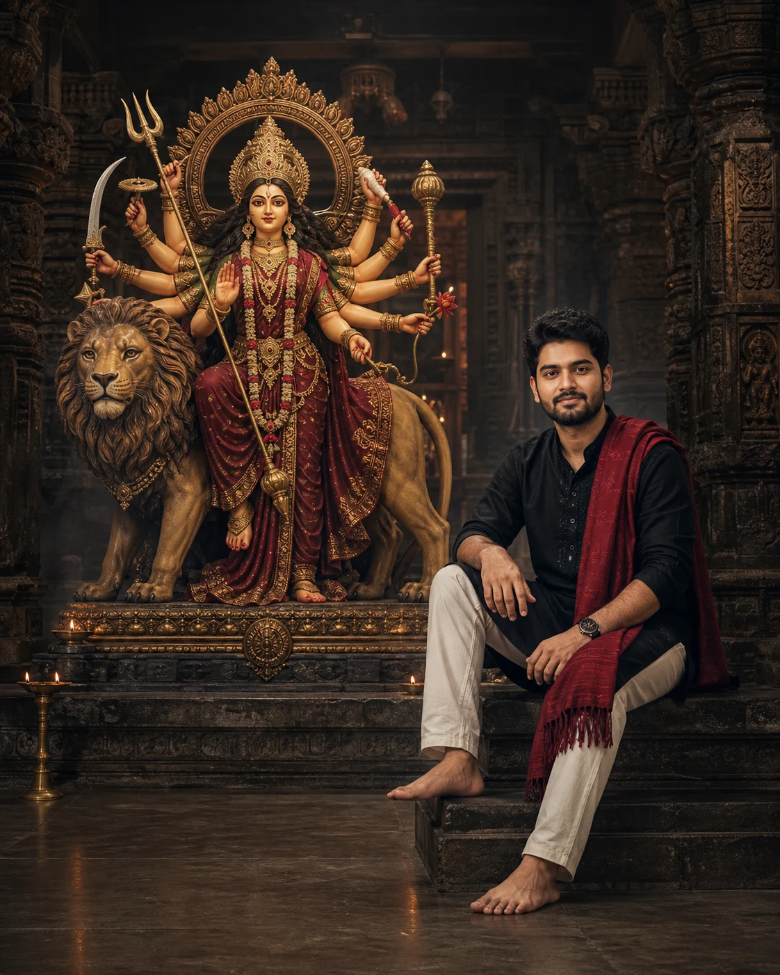 Black Kurta Maa Durga AI Photo Editing Prompt for Boys
