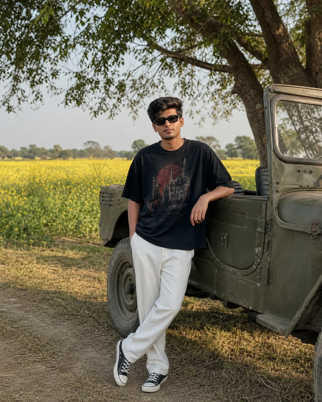 Vintage Jeep &amp; Mustard Field AI Photo Prompt for Boys