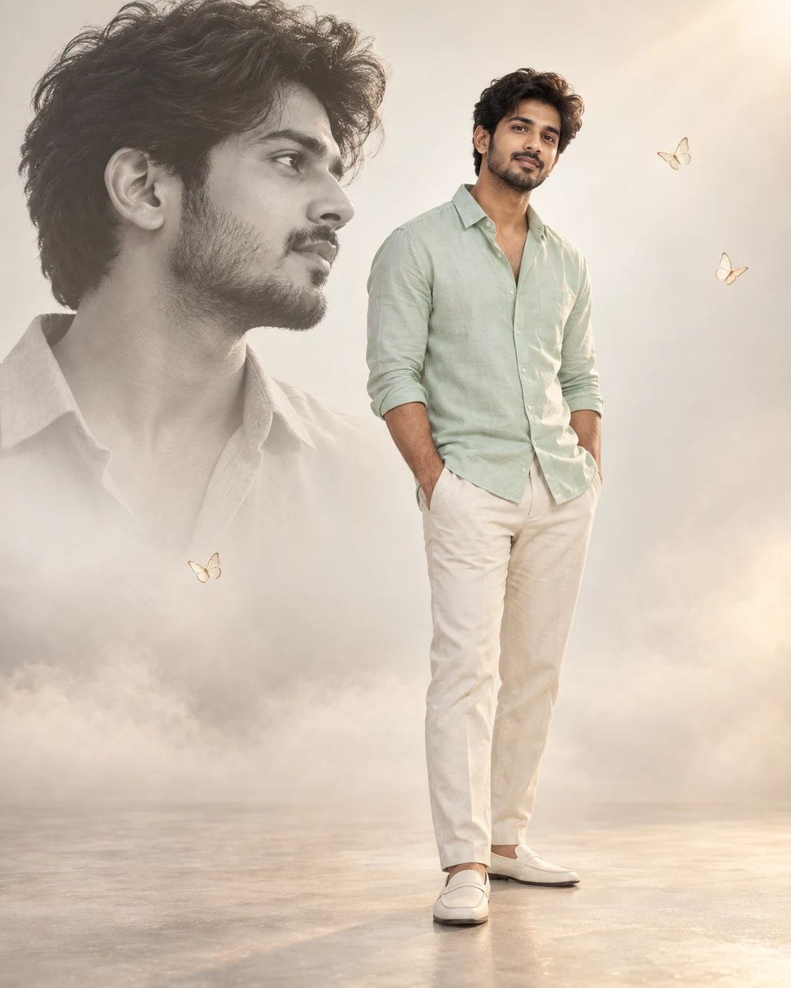 Mint Shirt Cinematic Photo Editing Prompt – Double Portrait Poster
