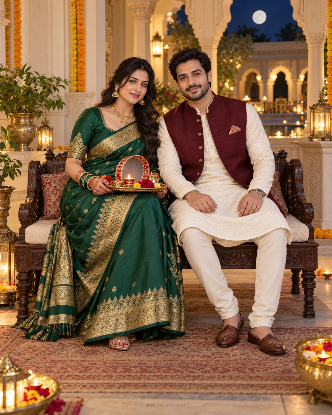 Royal Karwa Chauth Couple Portrait – Green Saree AI Photo Prompt