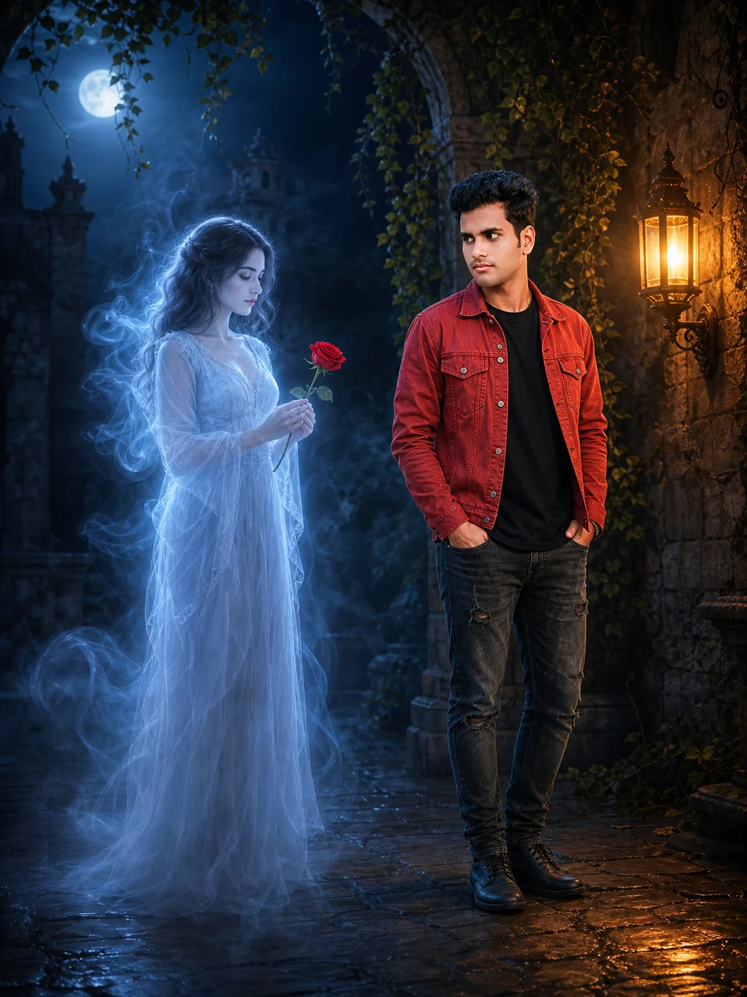 Ghost Girl Photo Editing Prompt – Cinematic Red Rose Fantasy