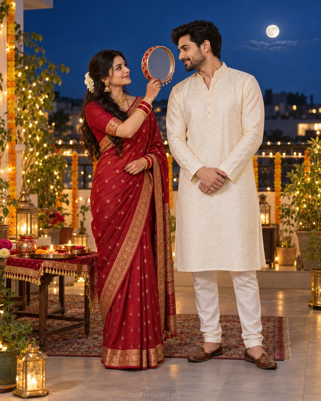 Karwa Chauth Couple Portrait with Sieve – AI Photo Editing Prompt