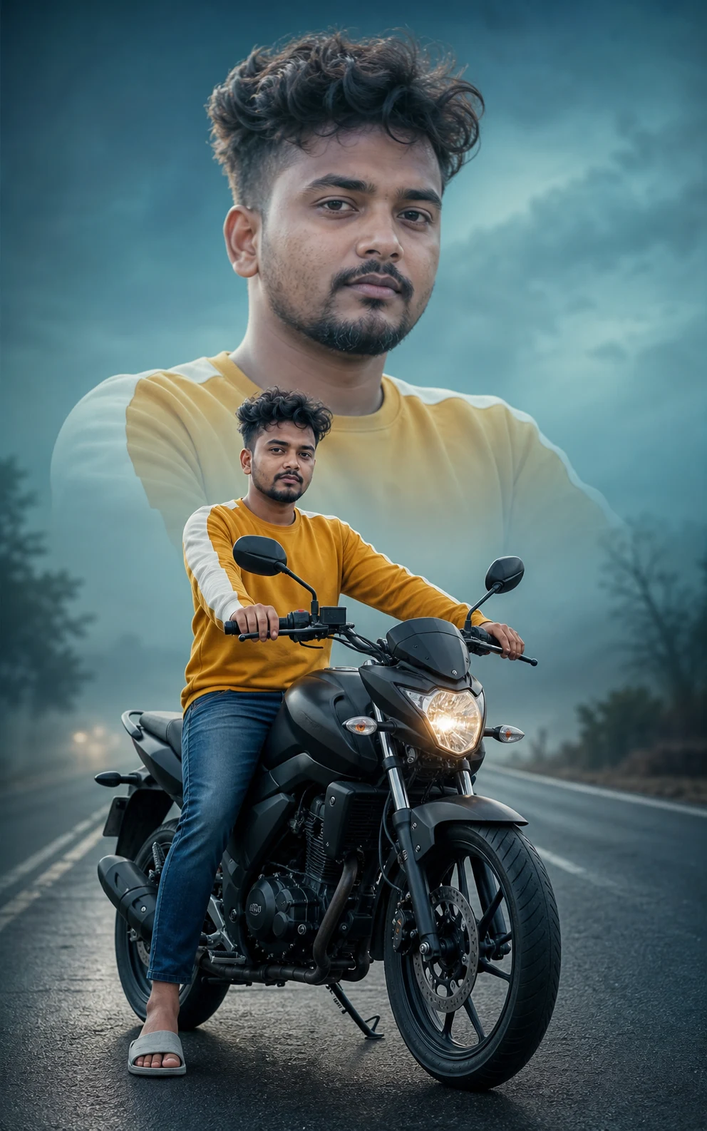 Cinematic Bike Photo Editing Prompt – Misty Double Portrait
