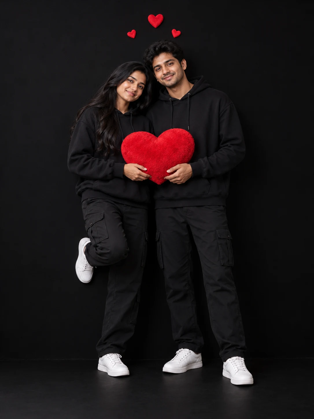 Cute Couple Photo Editing Prompt – Black Hoodies & Red Heart
