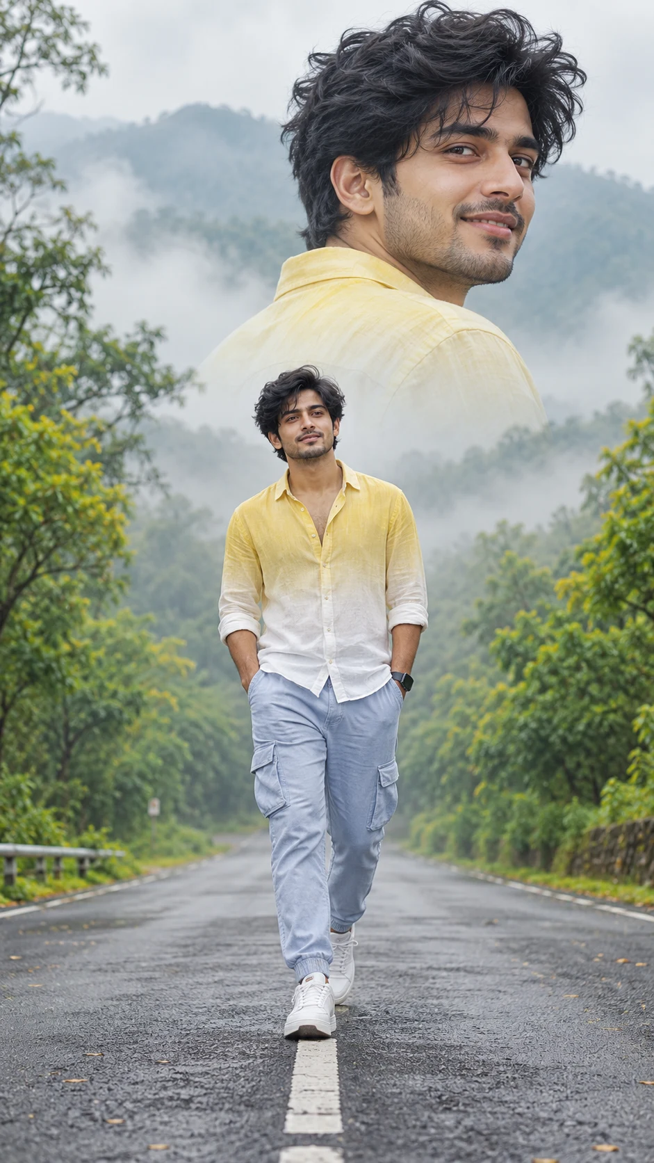 Cinematic Road Walk Photo Editing Prompt – Double Portrait for Boys