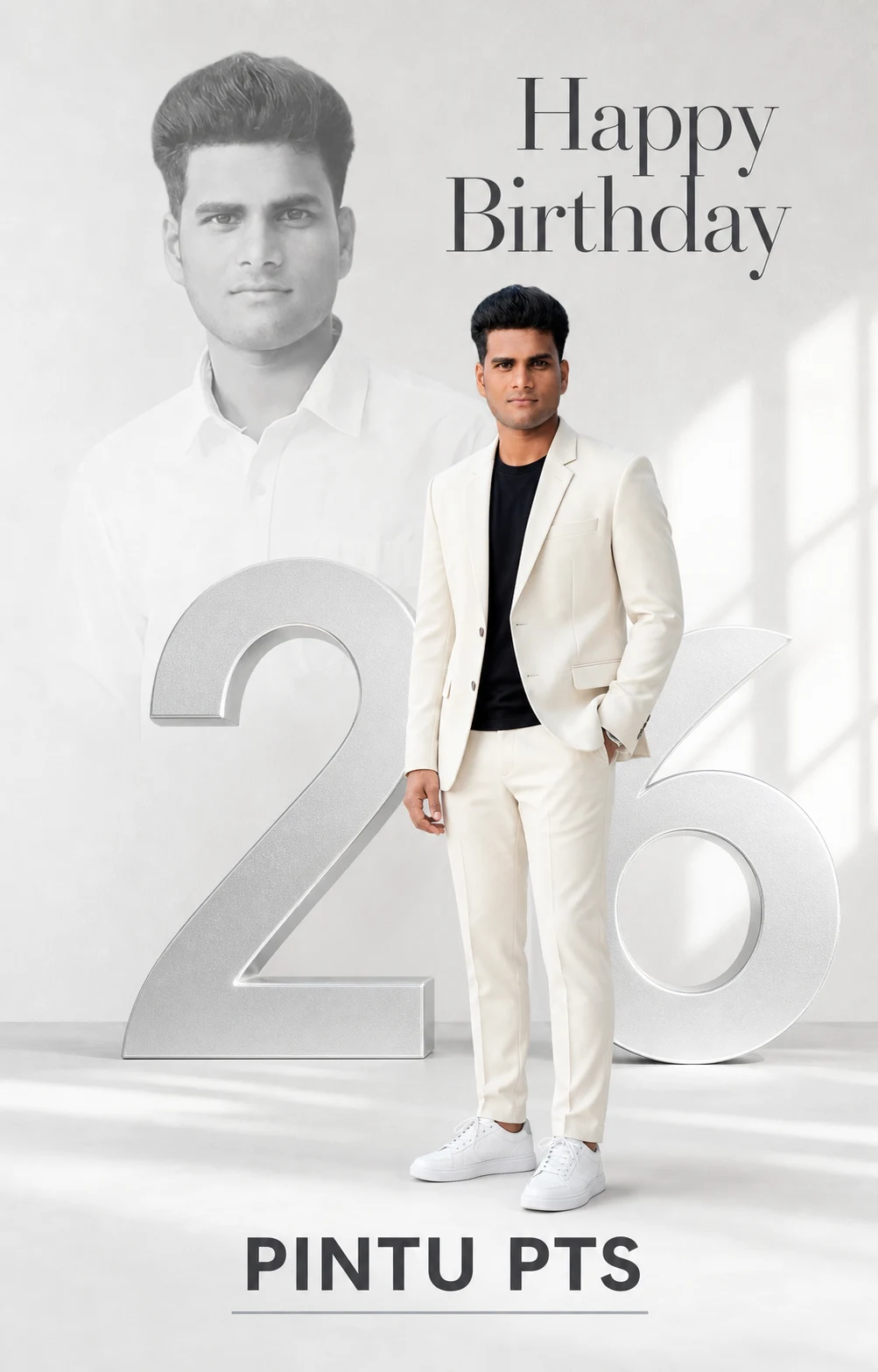 White and Silver Birthday Poster – Double Portrait AI Editing Prompt