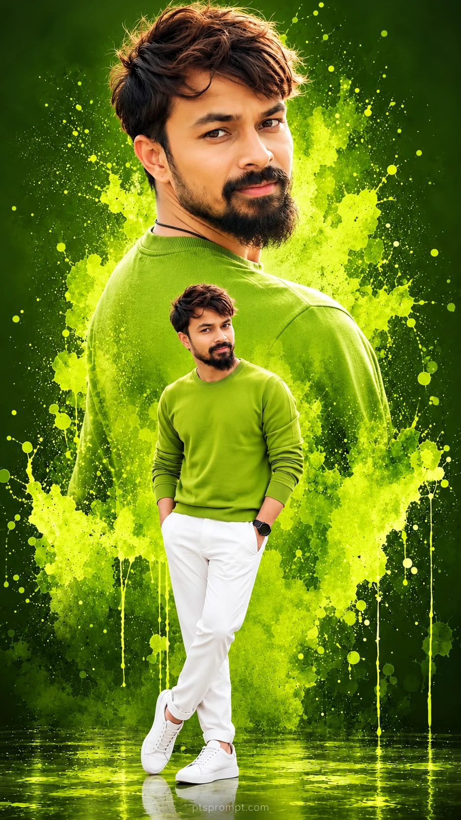 Green Paint Splash Double Portrait – Boys AI Photo Editing Prompt