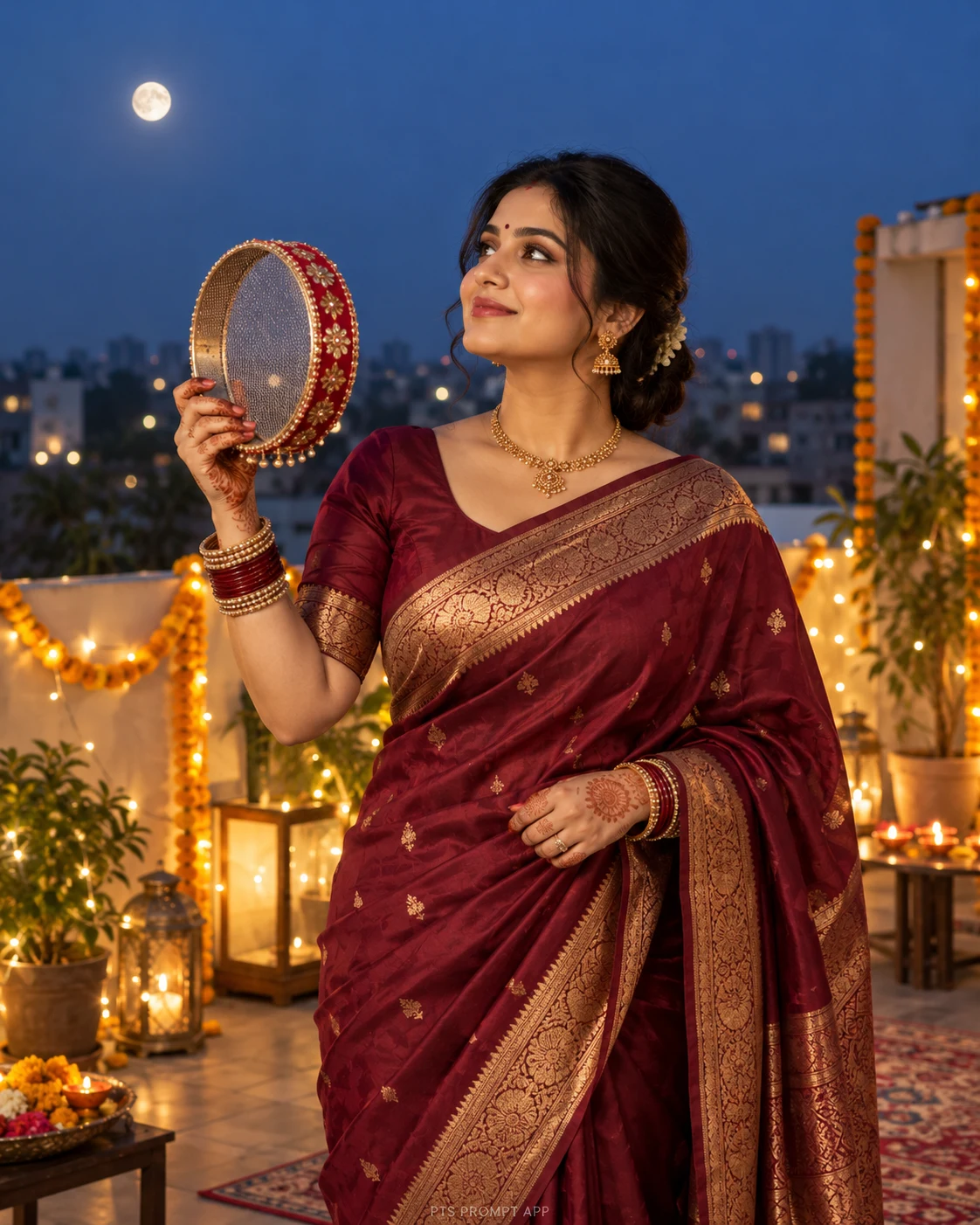 Karwa Chauth Moonlight Portrait with Sieve – AI Photo Editing Prompt