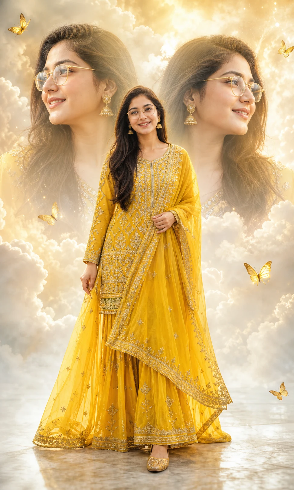 Yellow Sharara Photo Editing Prompt – Cinematic Triple Portrait