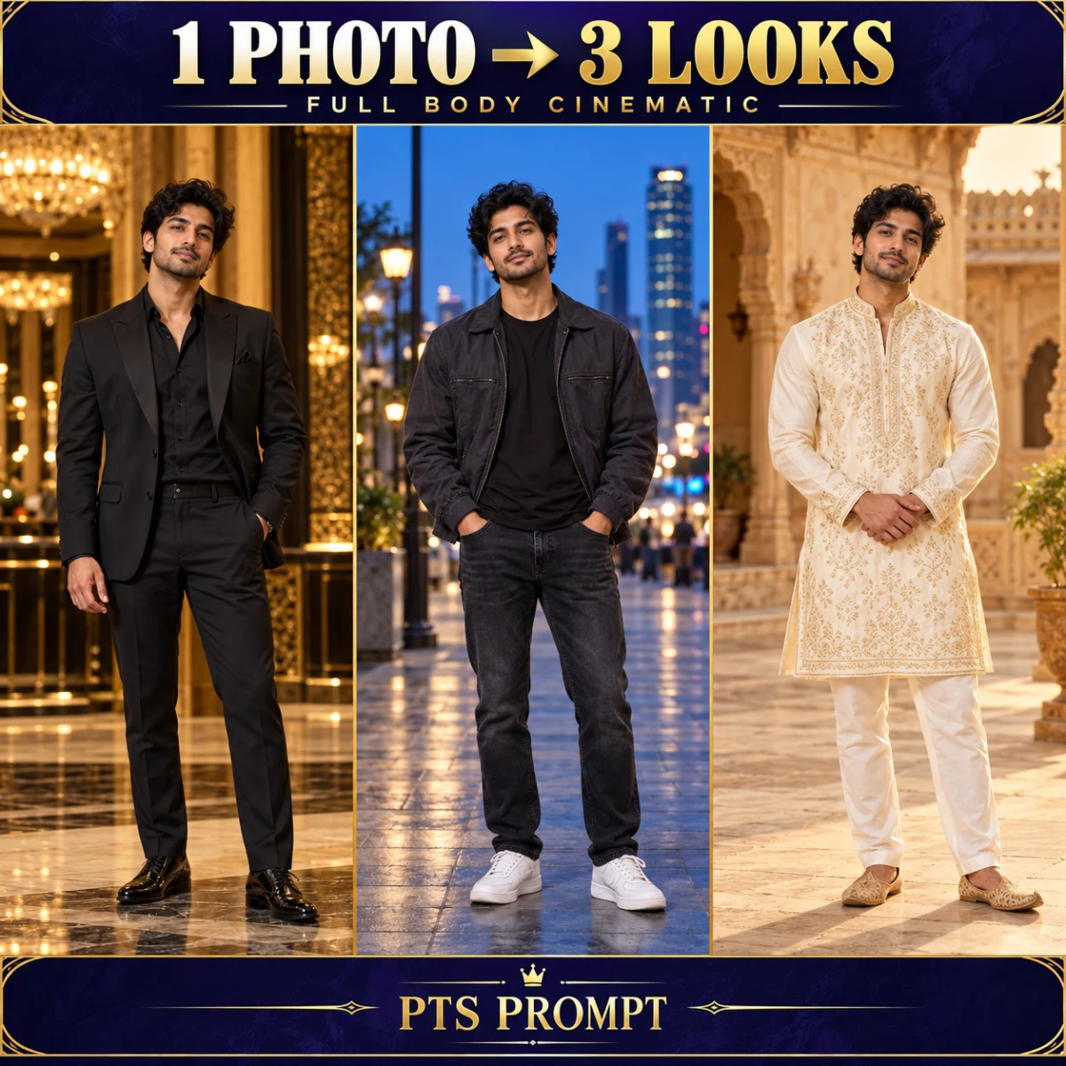 1 Photo to 3 Full Body Cinematic Looks – AI Collage Prompt